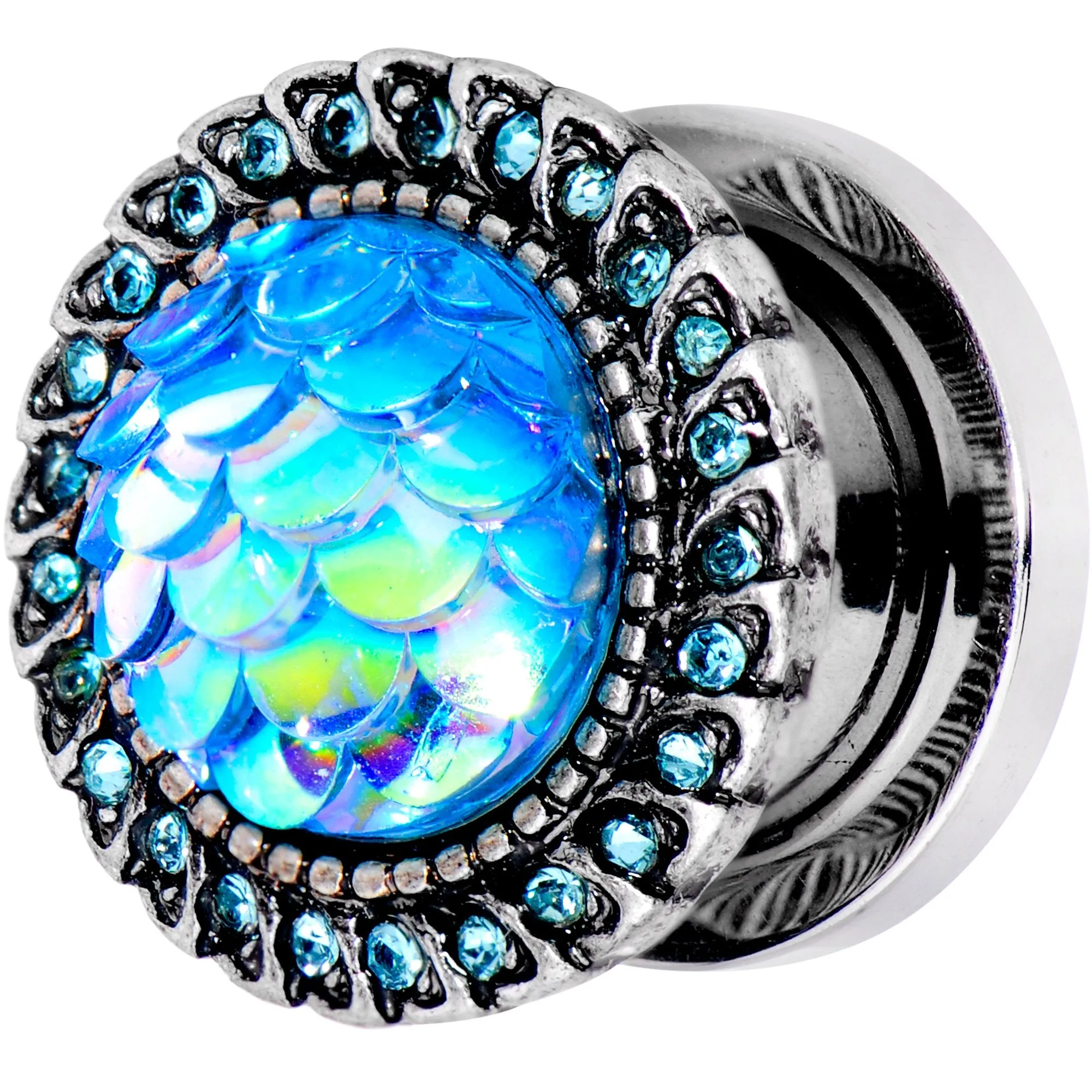 00 Gauge Aqua Gem Iridescent Blue Mermaid Scale Screw Fit Plug Set