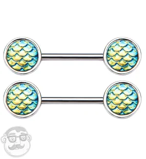 14G Green Mermaid Scale Nipple Ring Barbell