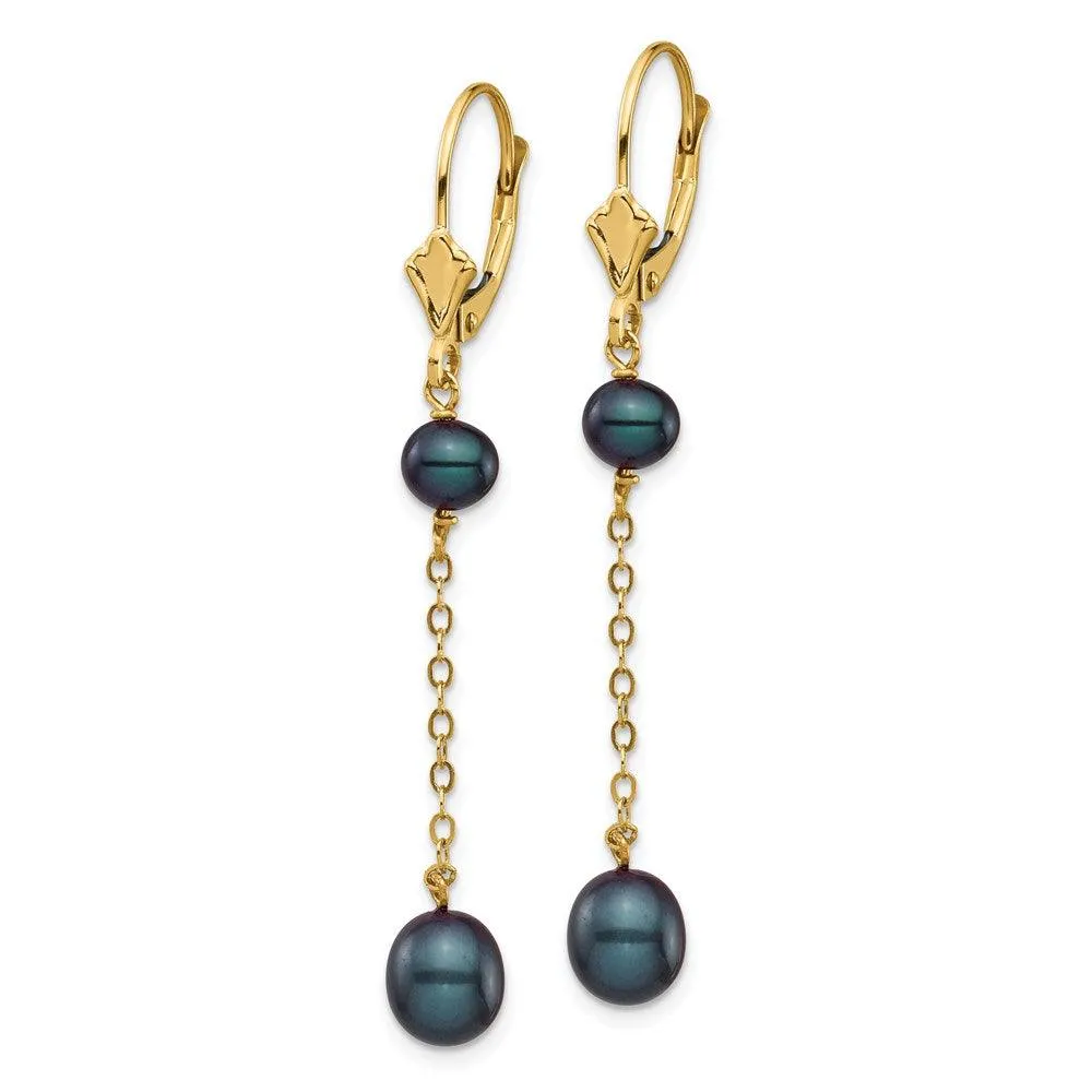 14K 5-7mm Black Rice Freshwater Cultured Pearl Leverback Earrings