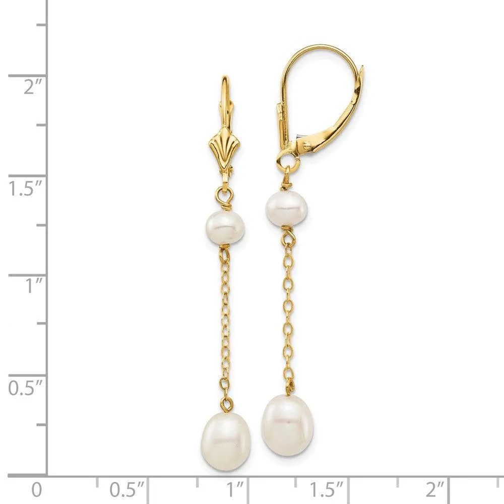 14K 5-7mm White Rice Freshwater Cultured Pearl Leverback Earrings