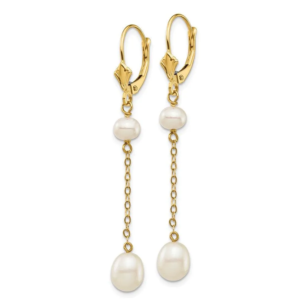 14K 5-7mm White Rice Freshwater Cultured Pearl Leverback Earrings