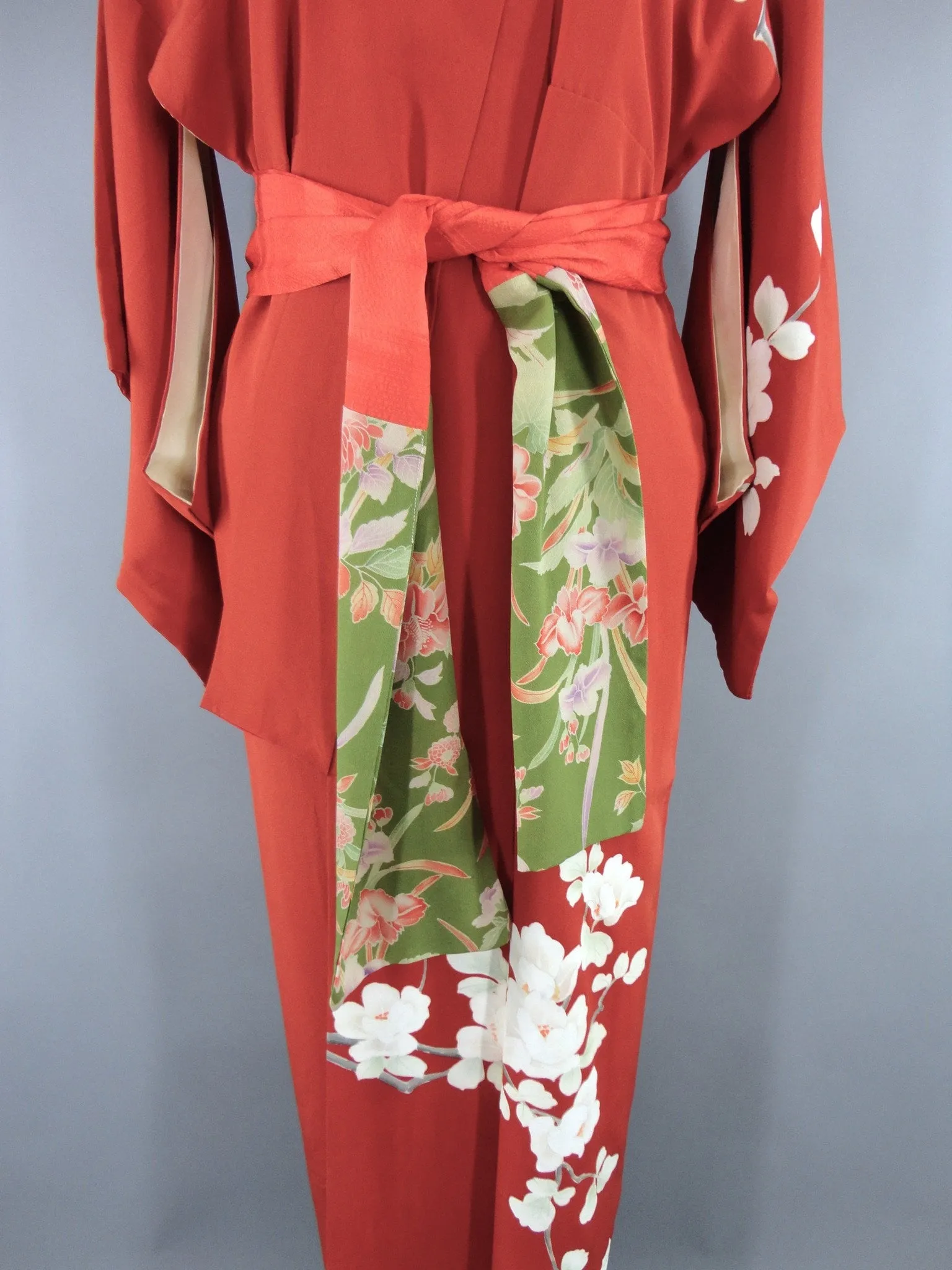 1950s Vintage Silk Kimono Robe / Rust Orange Floral Print