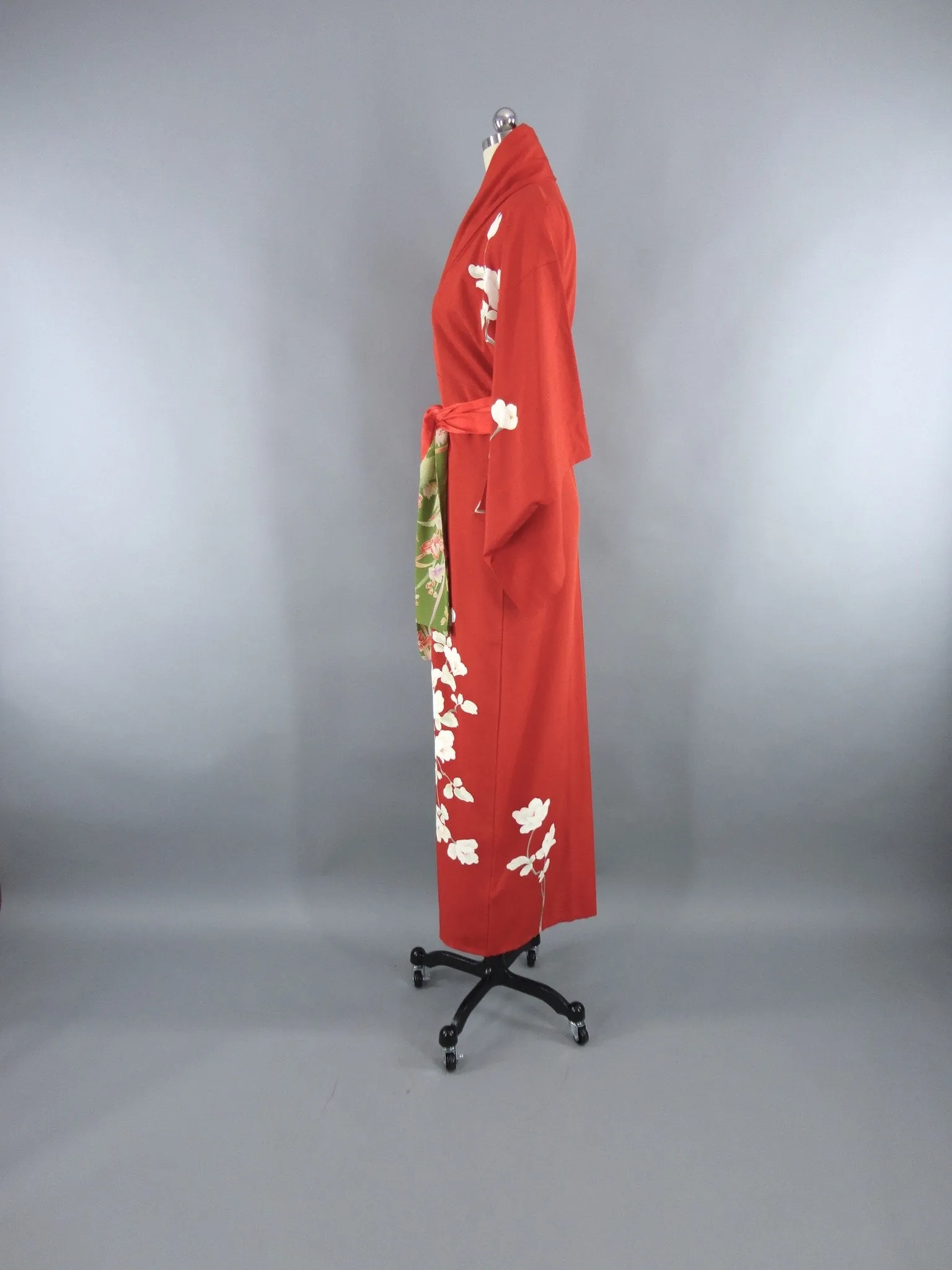 1950s Vintage Silk Kimono Robe / Rust Orange Floral Print