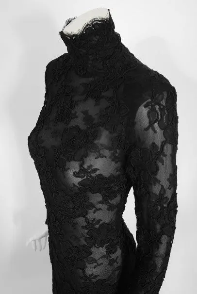 1987 Calvin Klein Documented Sheer Black Lace Hourglass Mermaid Gown