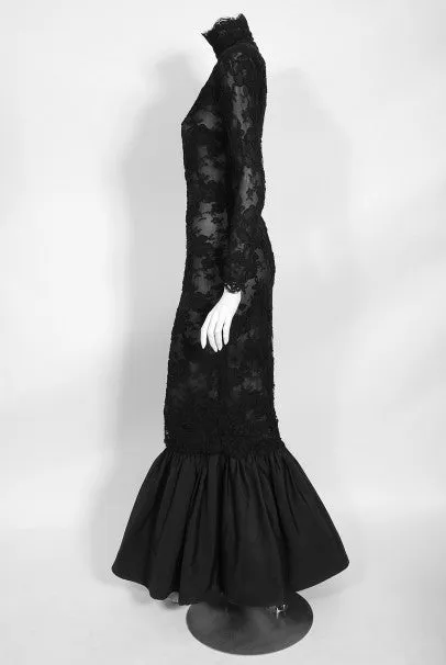 1987 Calvin Klein Documented Sheer Black Lace Hourglass Mermaid Gown