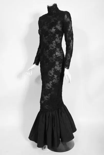 1987 Calvin Klein Documented Sheer Black Lace Hourglass Mermaid Gown