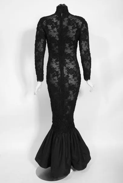 1987 Calvin Klein Documented Sheer Black Lace Hourglass Mermaid Gown