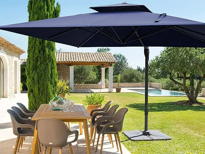 9' x 12' Patio Umbrella, Double Top Large Cantilever Umbrella Aluminum Offset Umbrella Heavy Duty Outdoor Pool Umbrellas with 360 Degree Rotation & Cross Base, Navy Blue