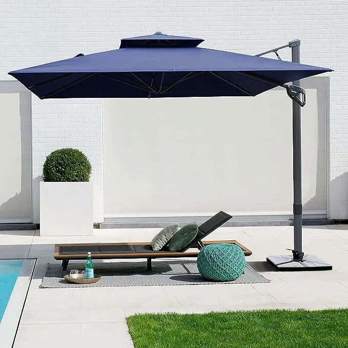 9' x 12' Patio Umbrella, Double Top Large Cantilever Umbrella Aluminum Offset Umbrella Heavy Duty Outdoor Pool Umbrellas with 360 Degree Rotation & Cross Base, Navy Blue