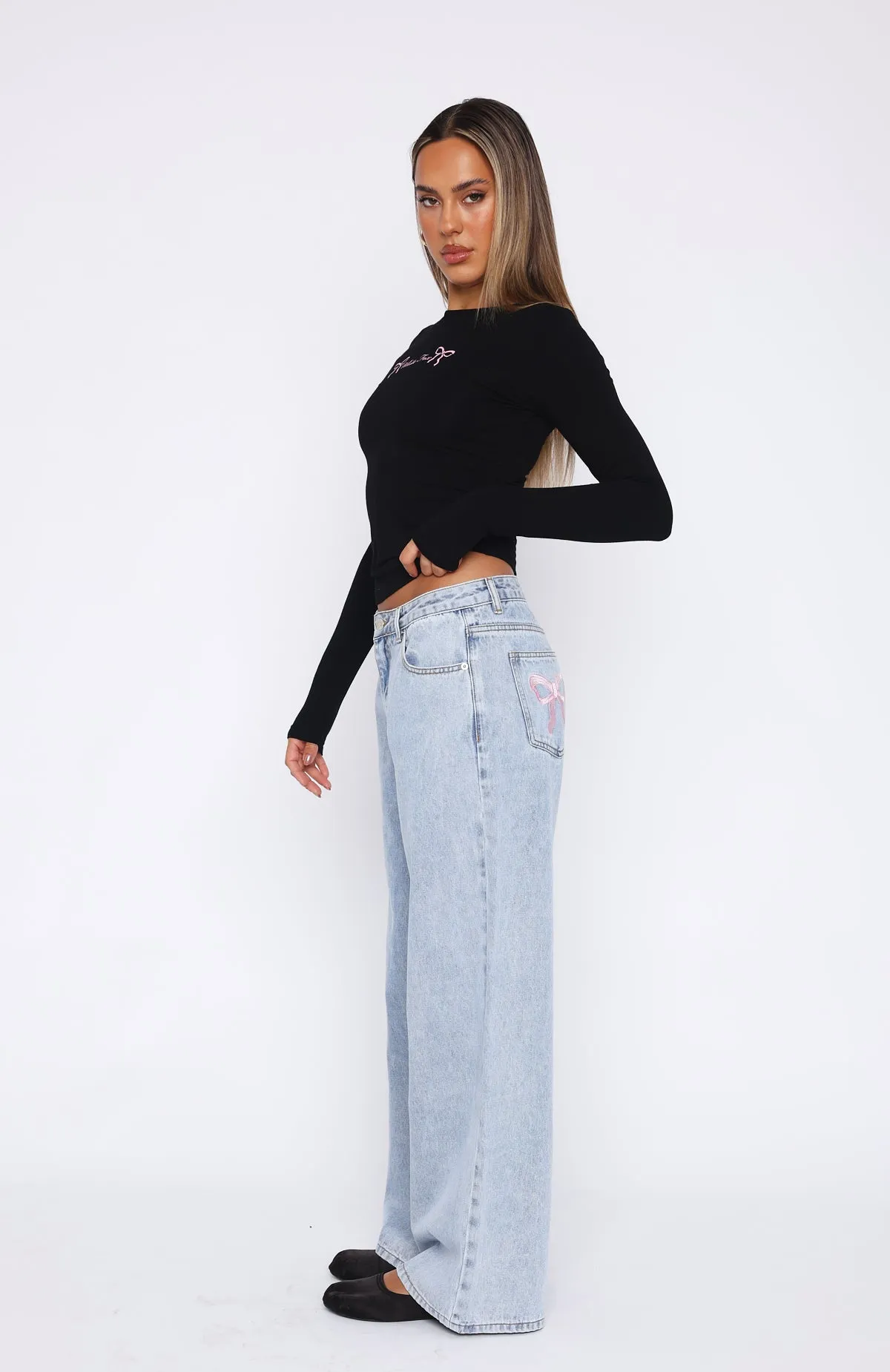 About A Girl Mid Rise Wide Leg Jeans Mid Blue