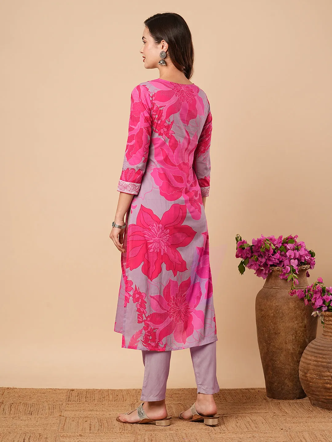 Abstract Floral Printed & Embroidered Straight Fit Kurta - Lavender