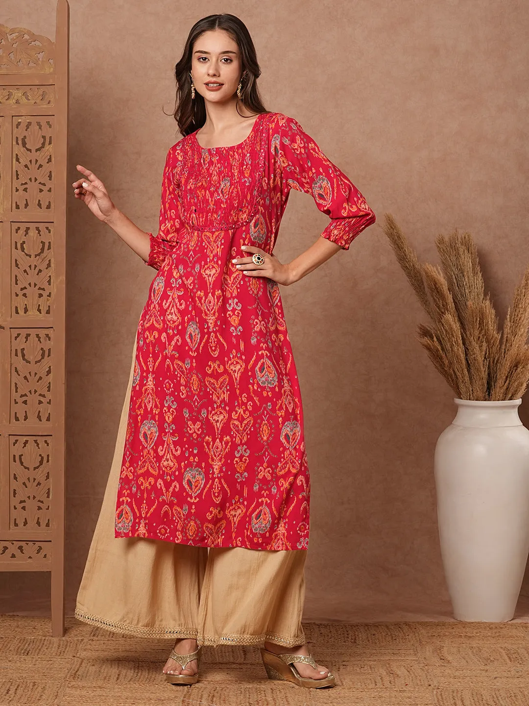 Abstract Printed Mirror Embroidered Smocked Yoke Kurta - Pink