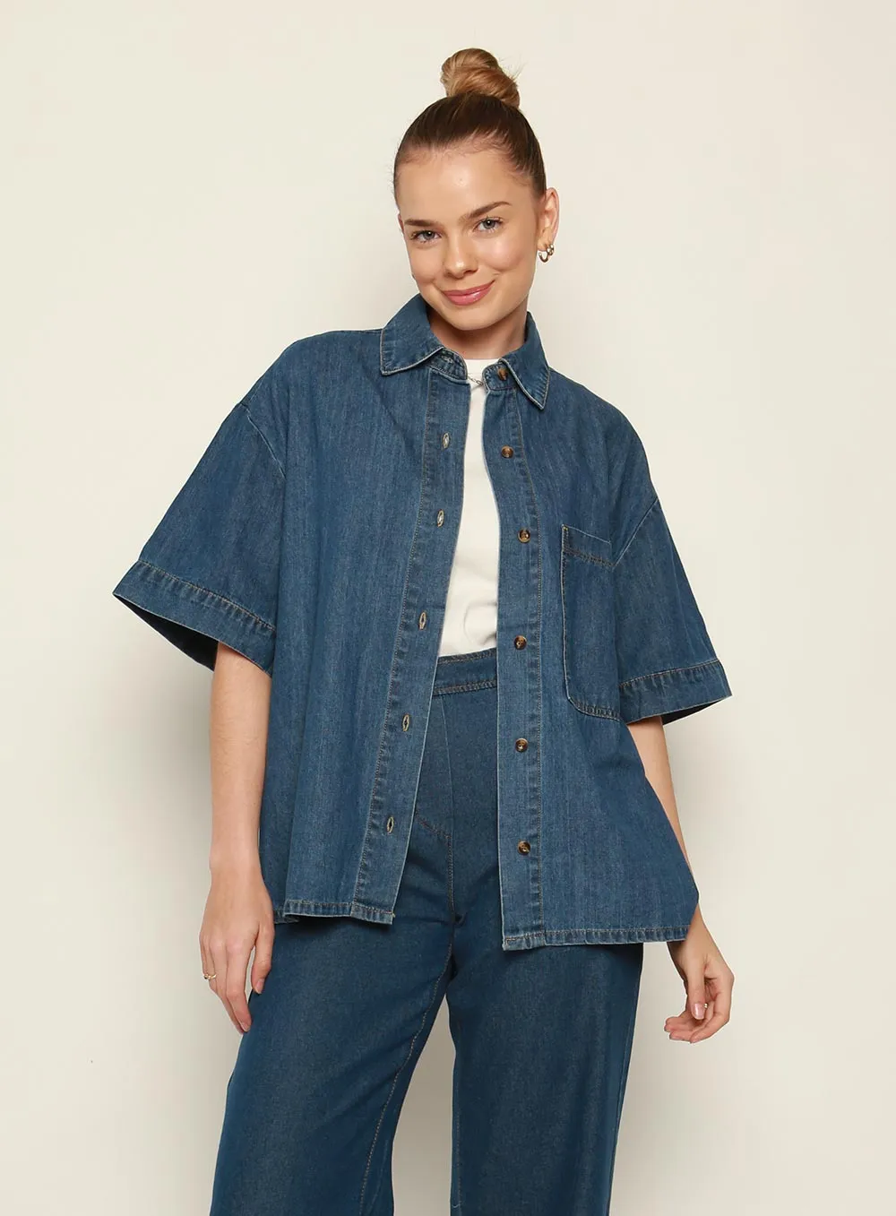 Adele Denim Short Sleeve Shirt-MID BLUE