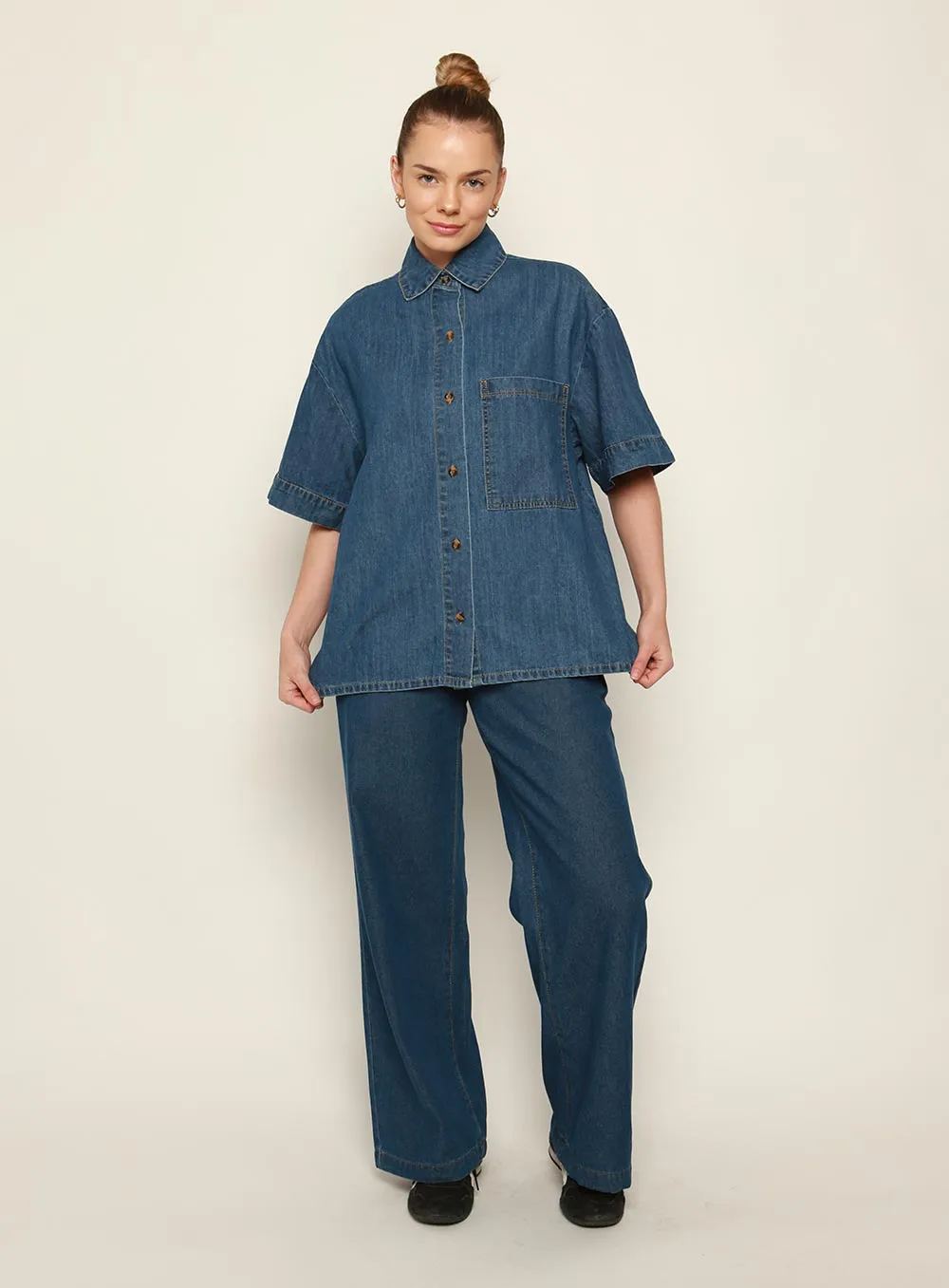 Adele Denim Short Sleeve Shirt-MID BLUE