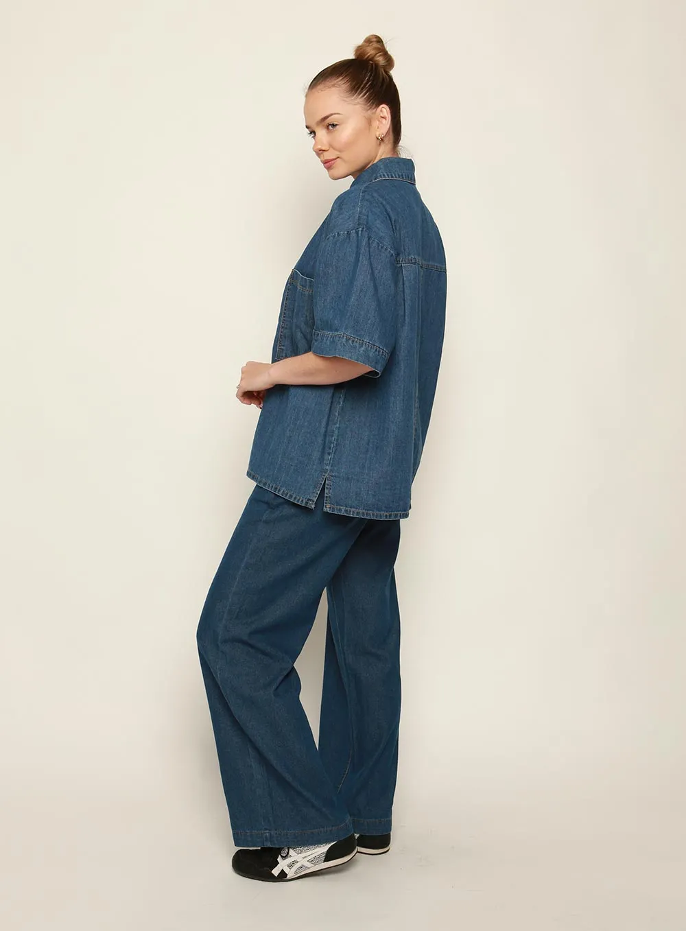 Adele Denim Short Sleeve Shirt-MID BLUE