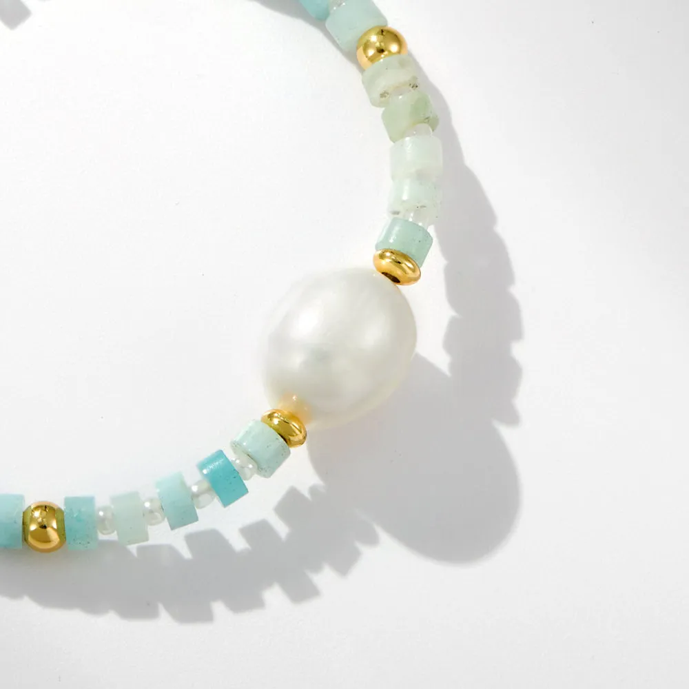 Adjustable Healing Crystal Bracelet Natural Amazonite Gemstones Beads with Irregular Pearl