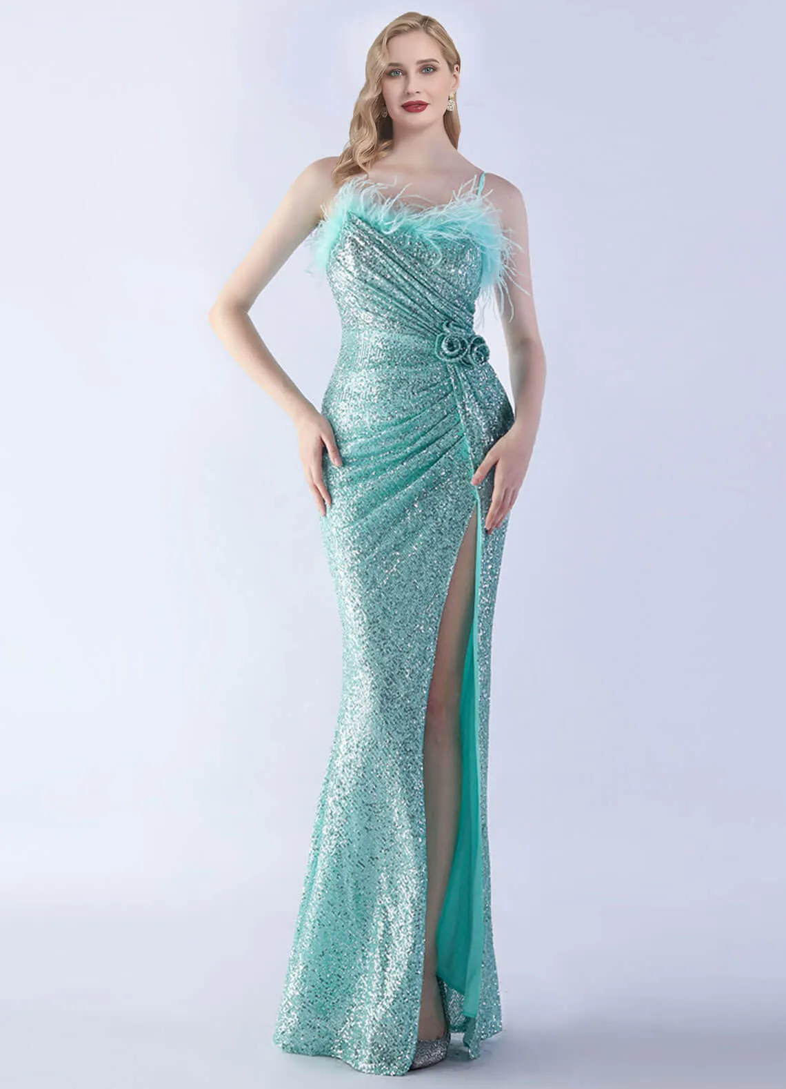 Agua Luxury Feather Spaghetti Straps Sequin Maxi Formal Gown