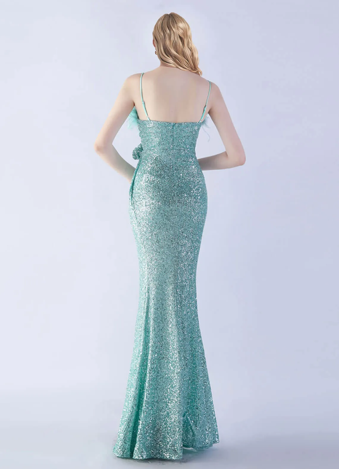 Agua Luxury Feather Spaghetti Straps Sequin Maxi Formal Gown