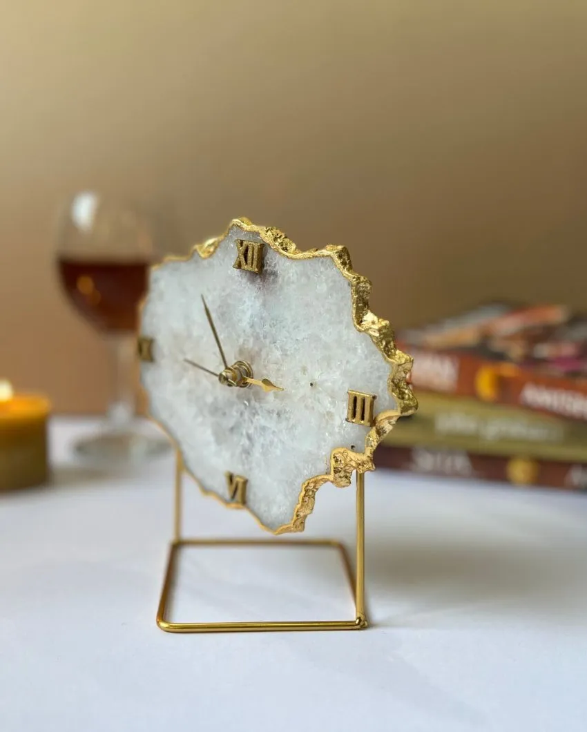 Antique Agate Stone Desktop Table Clock For Home Decor | 5 x 5 x 7 inches