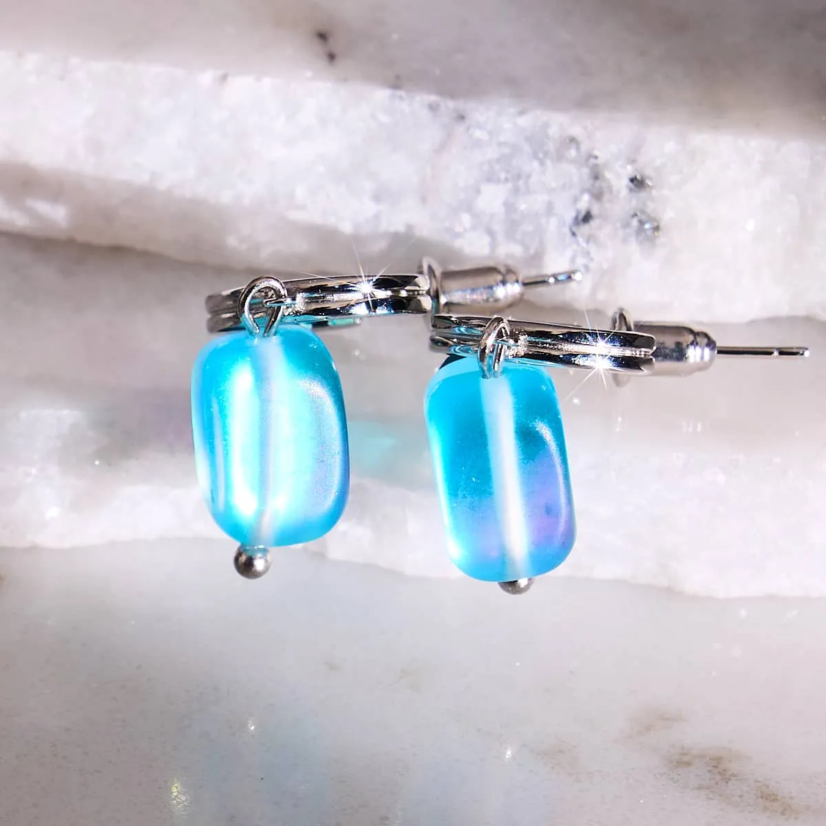 Aquamarine | .925 Sterling Silver | Mermaid Glass Pebble Huggie Earrings