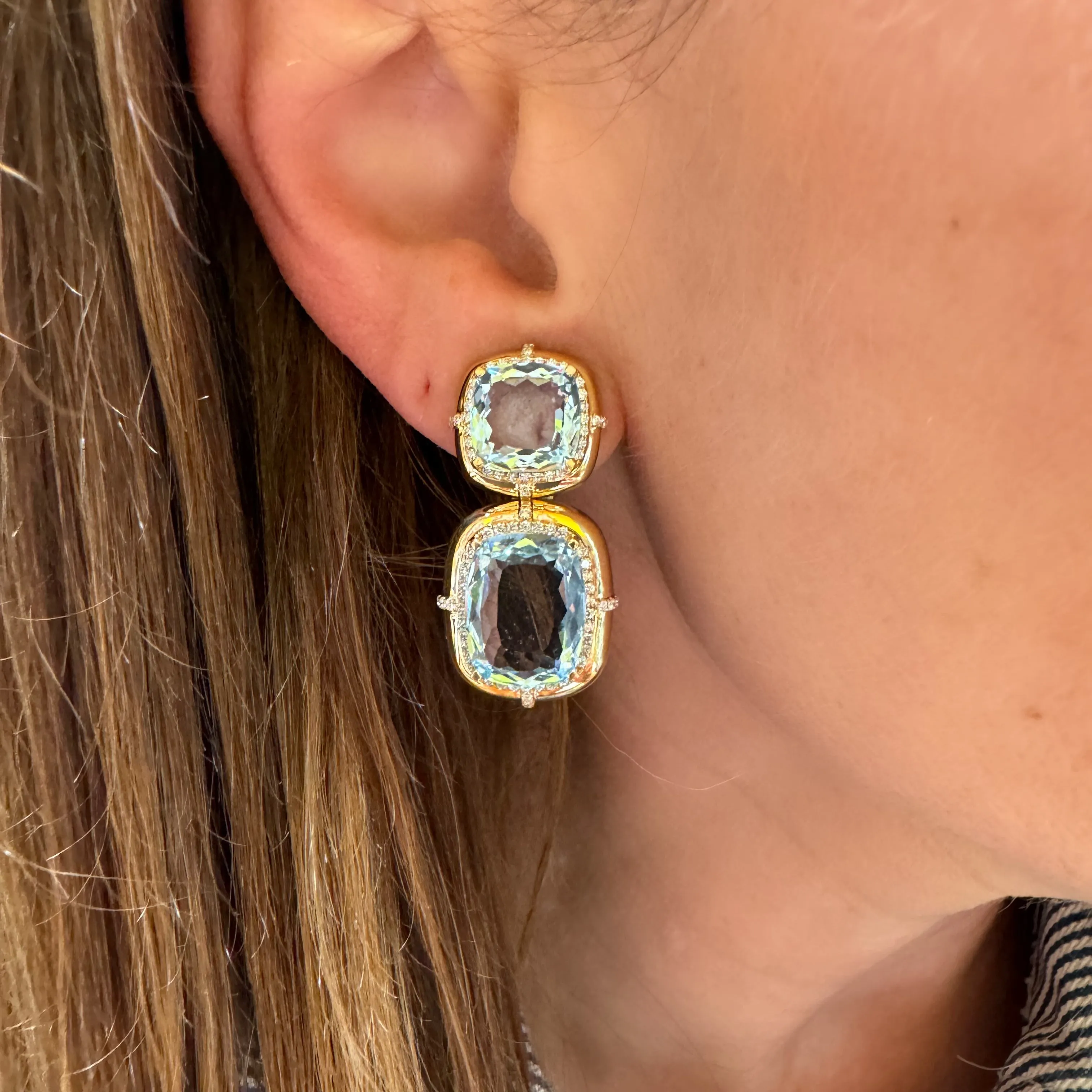 Aquamarine Cushion Cut Drop Earrings with Diamonds