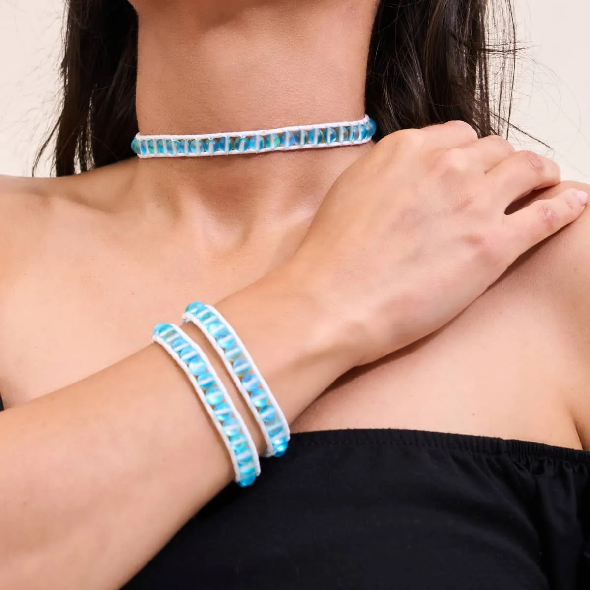 Aquamarine | Mermaid Glass | White Linen Wrap Bracelet