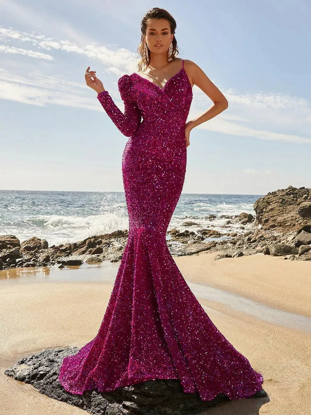 Asymmetrical Neck Mermaid Hem Sequin Prom Dresses