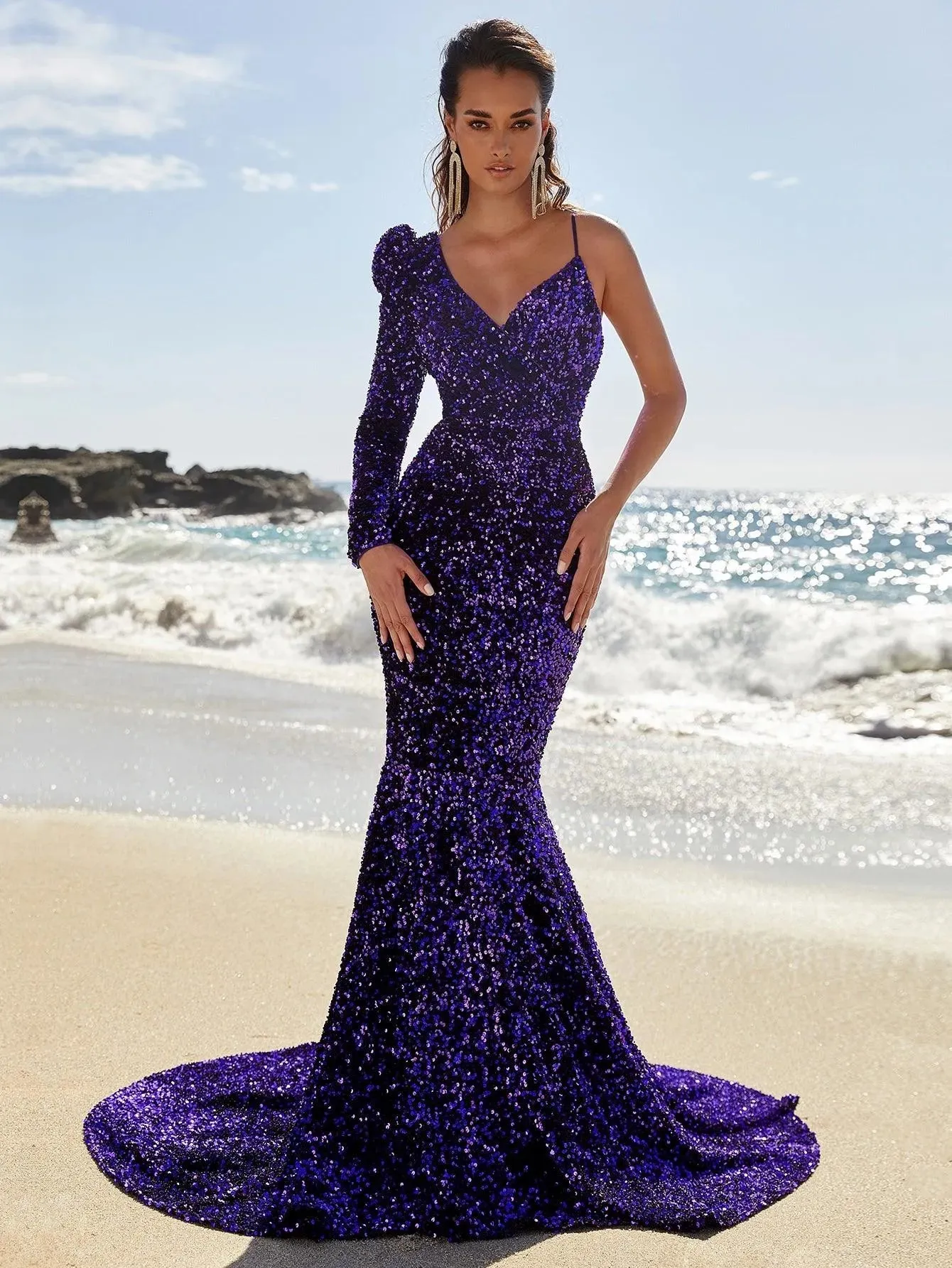 Asymmetrical Neck Mermaid Hem Sequin Prom Dresses