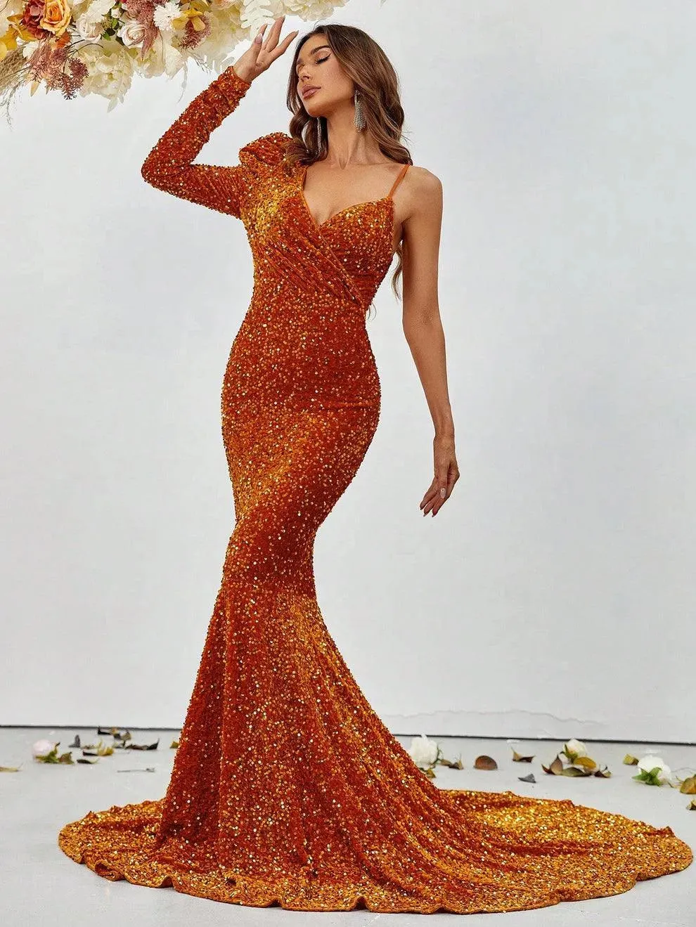 Asymmetrical Neck Mermaid Hem Sequin Prom Dresses