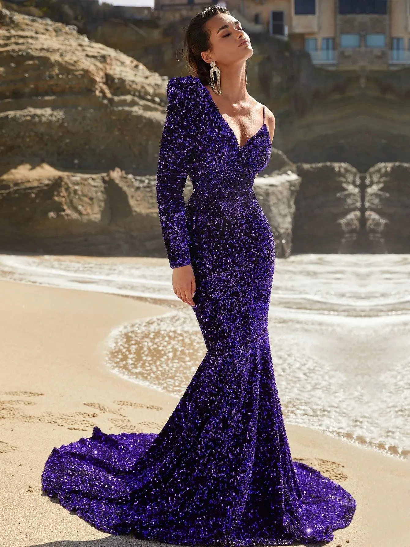 Asymmetrical Neck Mermaid Hem Sequin Prom Dresses