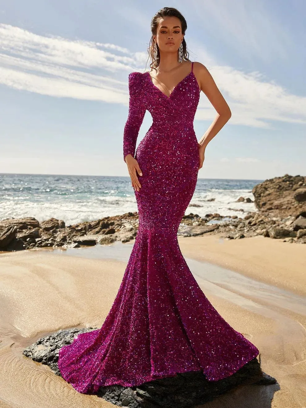 Asymmetrical Neck Mermaid Hem Sequin Prom Dresses