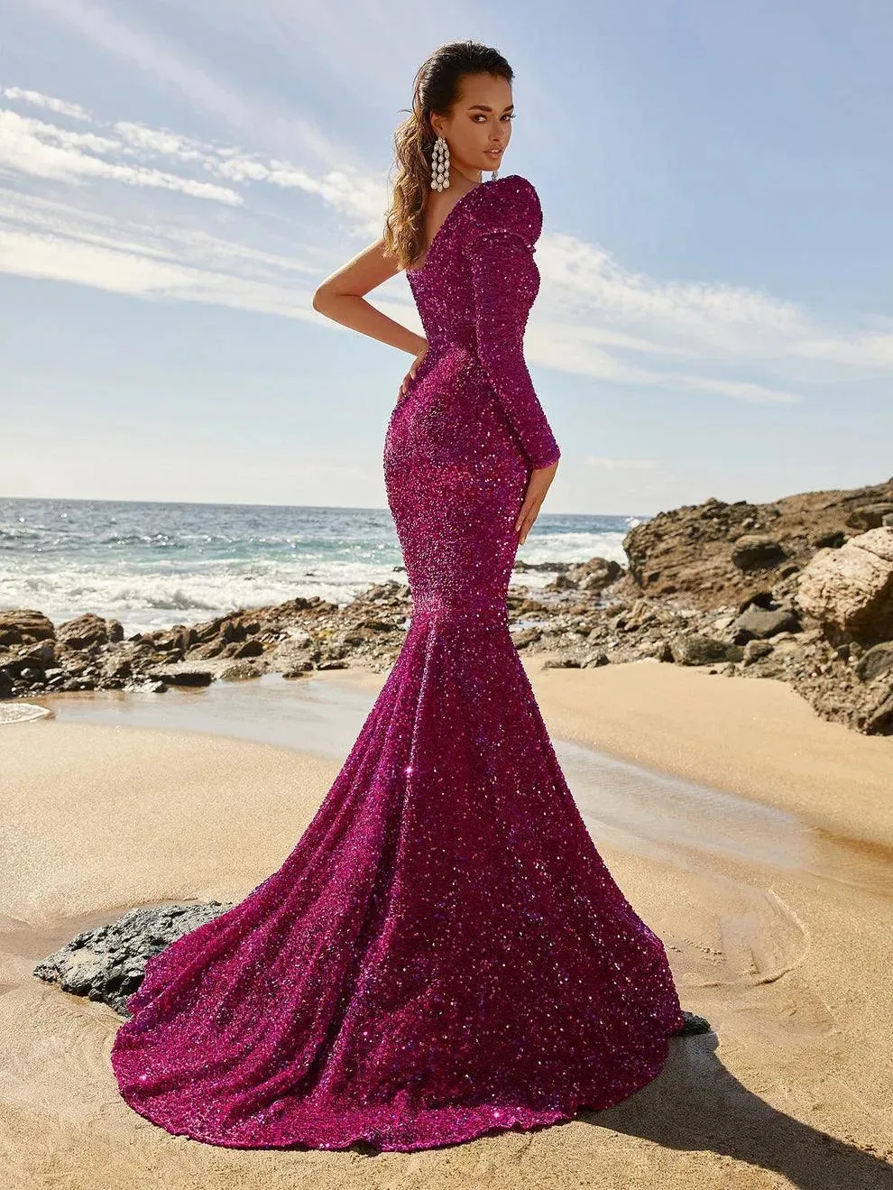 Asymmetrical Neck Mermaid Hem Sequin Prom Dresses