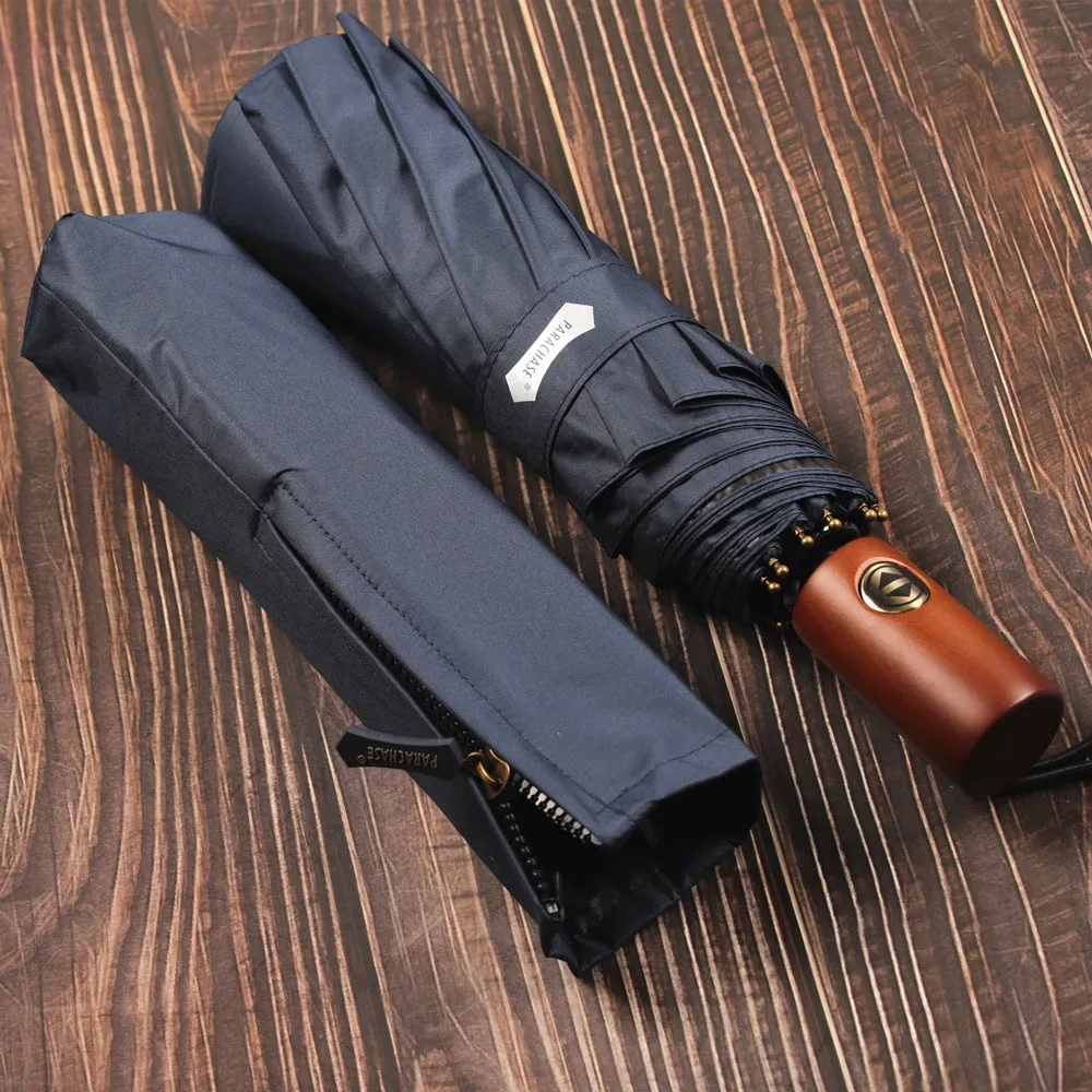 Automatic ten-bone umbrella solid wood handle.