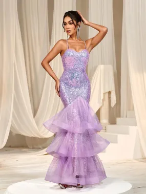 Backless Mermaid Hem Sequin Slip Prom Dress