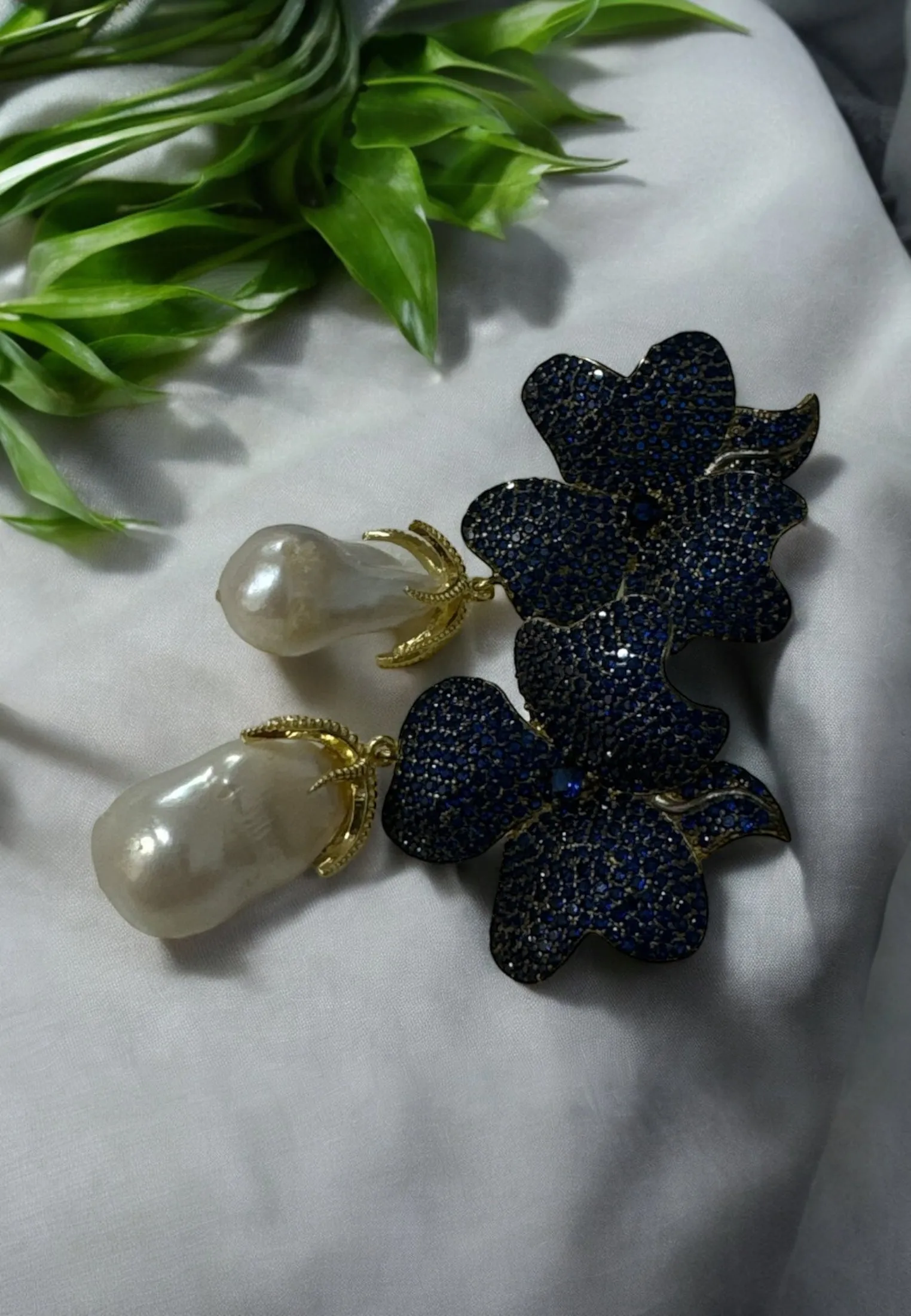 Baroque Pearl Sapphire Blue Flower Earrings Gold