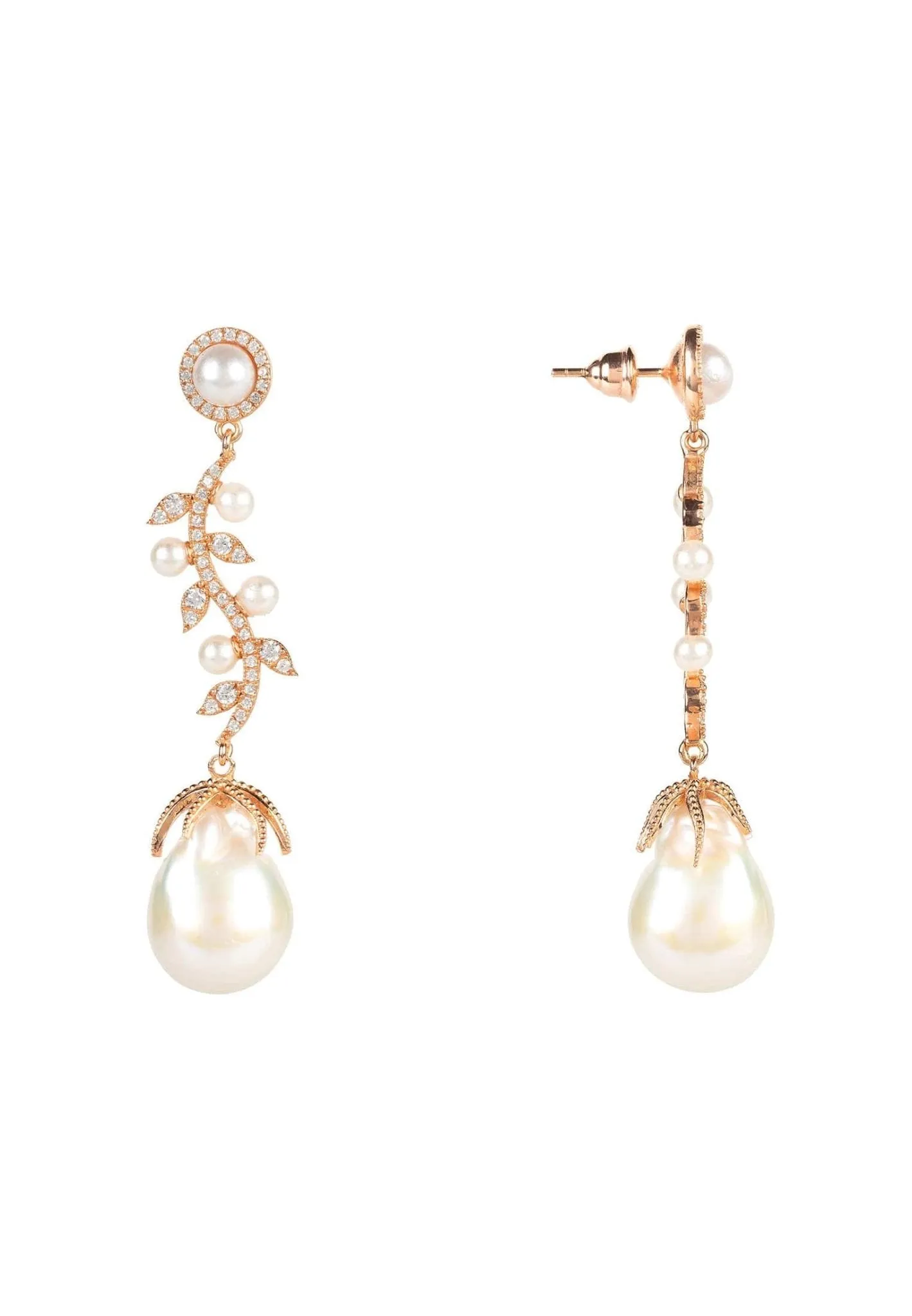 Baroque Pearl Trailing Flowers Earrings Rosegold