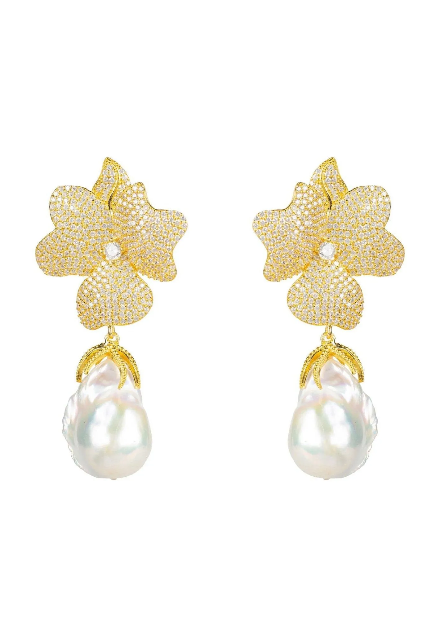 Baroque Pearl White Flower Earrings Yellow Gold