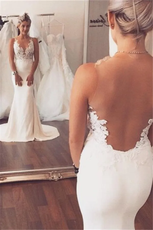 Beach Long Mermaid V-neck Lace Open Back Wedding Dresses