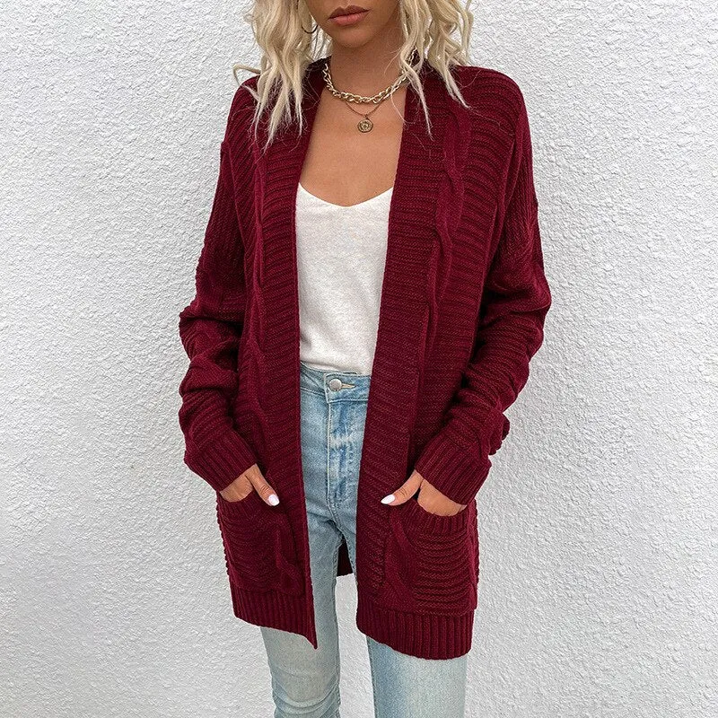 BerriesJam - 2024 Solid Color Mid-length Twist Rope Cardigan