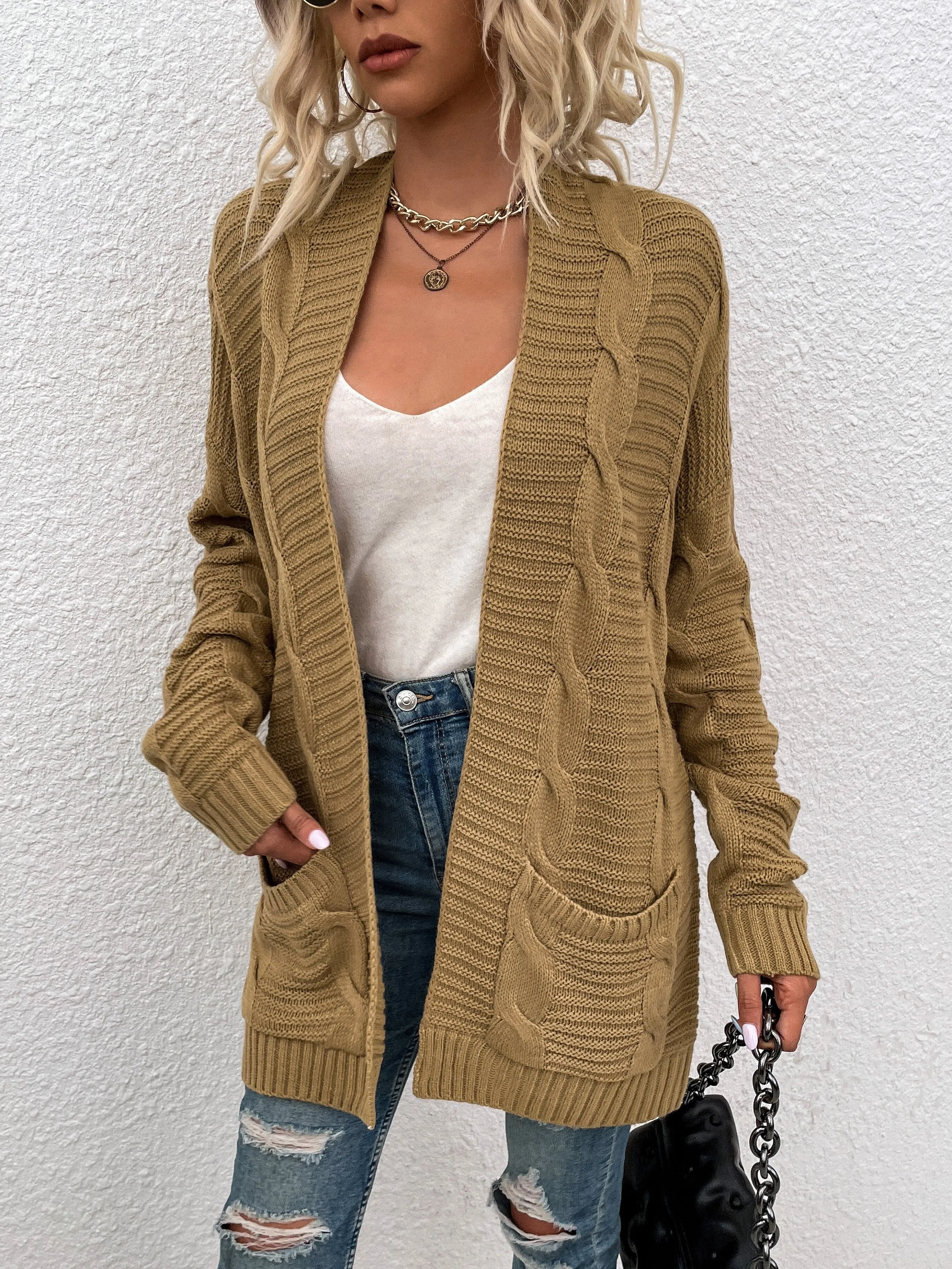 BerriesJam - 2024 Solid Color Mid-length Twist Rope Cardigan