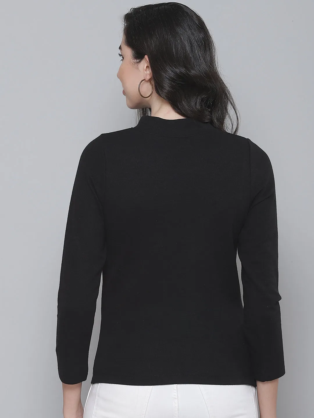 Black Rib Side Slits Turtle Neck Long Top