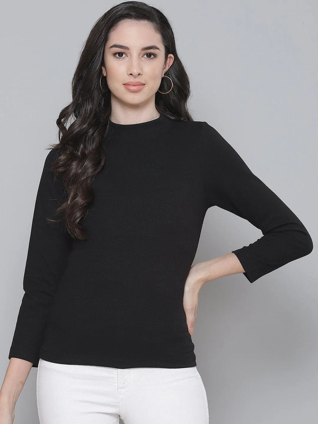 Black Rib Side Slits Turtle Neck Long Top