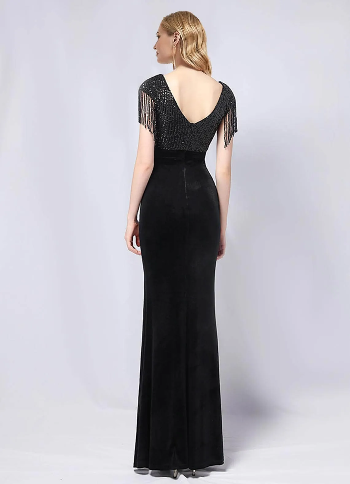 Black Velvet Sequin Tassels Mermaid Maxi Formal Gown With Slit