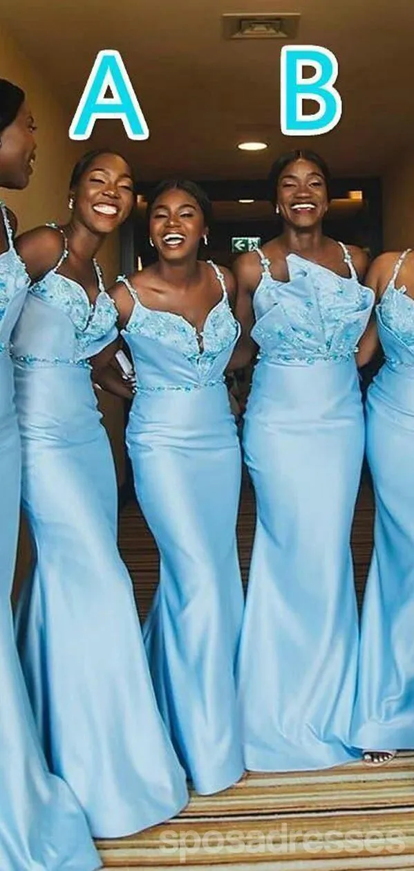 Blue Mermaid Spaghetti Straps Long Bridesmaid Dresses Online, WG897