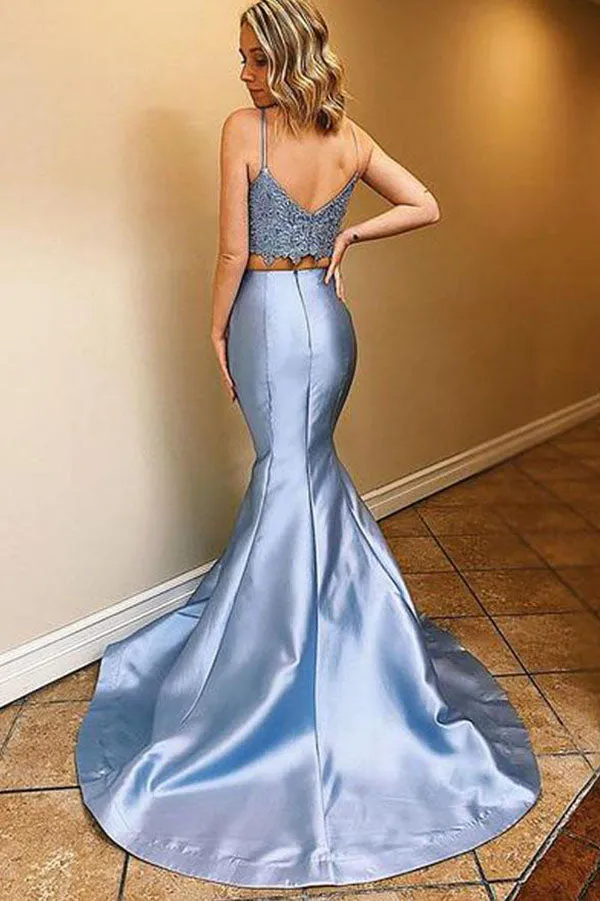 Blue Satin Two Piece Mermaid Lace Long Prom Dresses With Sweep Train, SP616