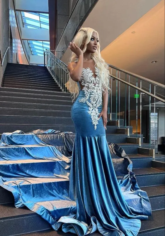 Blue Velvet Appliques Bead Meemaid Long Prom Dress Formal Evening Dress SH975