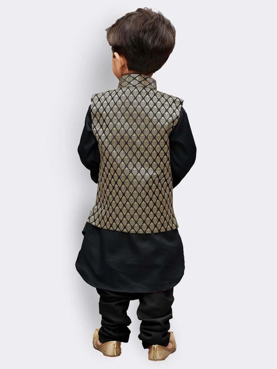 Boys' Black Cotton Kurta, Waistcoat and Pyjama Set