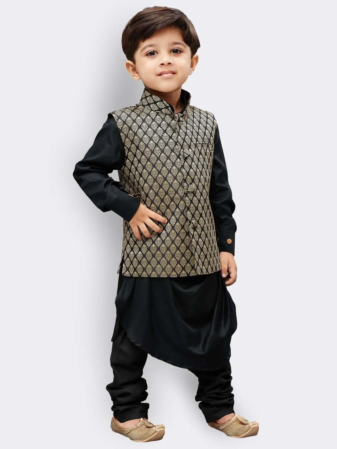 Boys' Black Cotton Kurta, Waistcoat and Pyjama Set