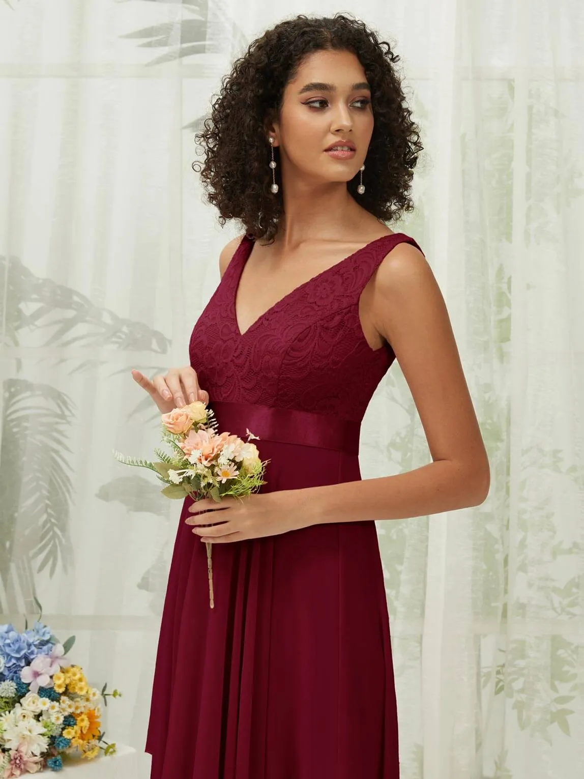 Burgundy Lace V-Neck Sleeveless Midi Length Chiffon Flowy Bridesmaid Dresses