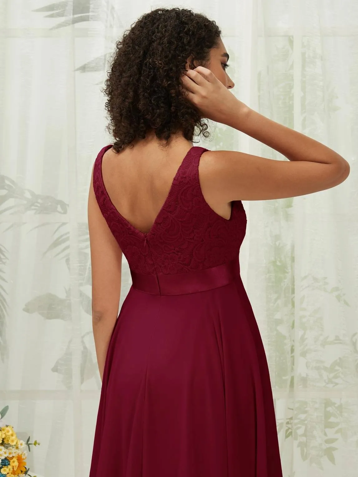 Burgundy Lace V-Neck Sleeveless Midi Length Chiffon Flowy Bridesmaid Dresses